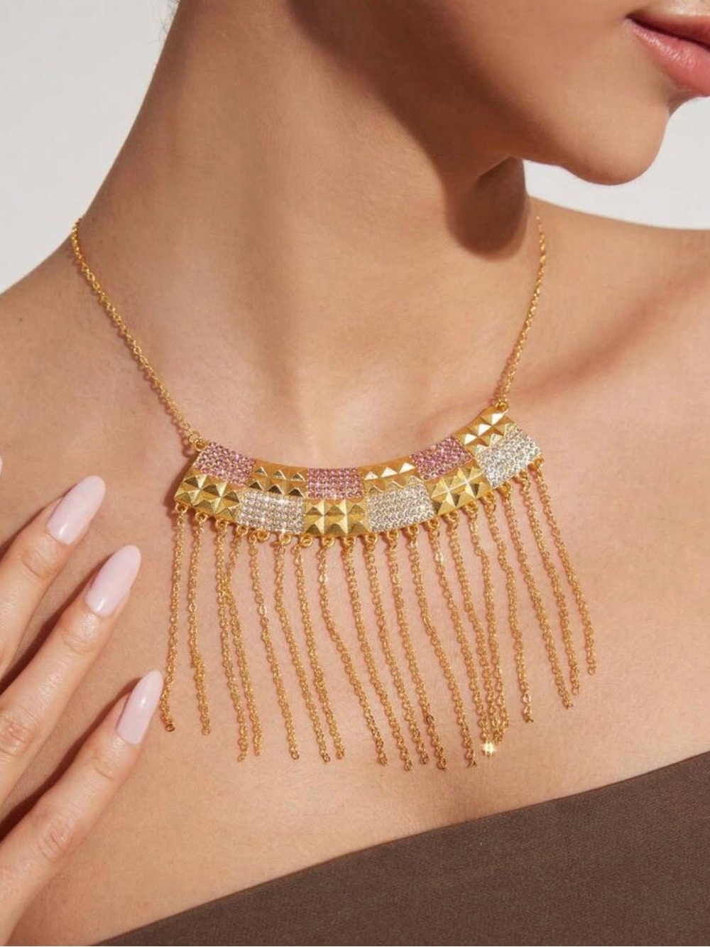Gold, Pink & Silver Fringe Necklace Set
